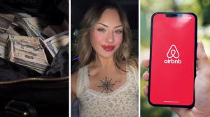 bag of cash (l) woman shares airbnb issue (c) airbnb app (r)