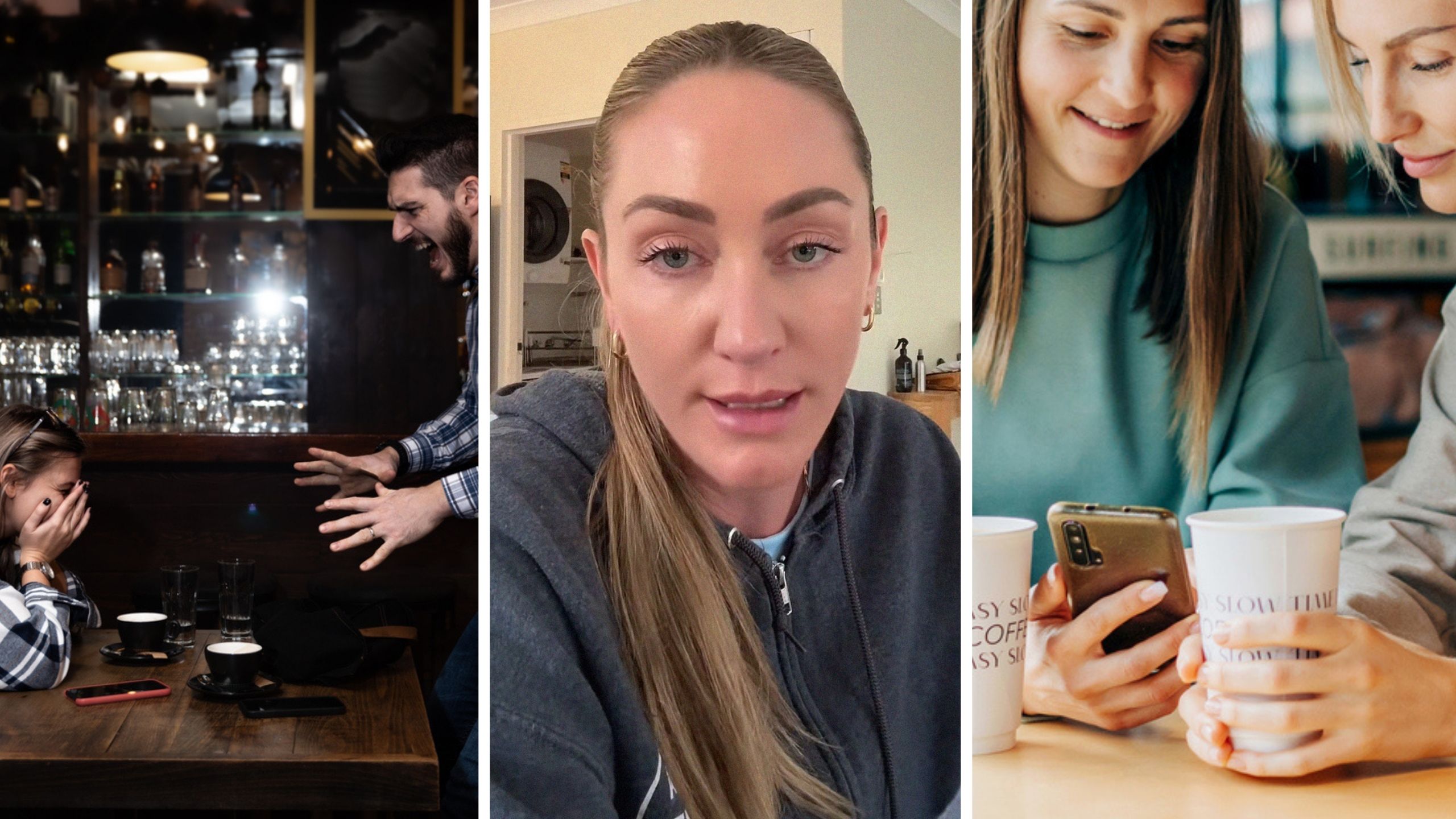 man making woman uncomfortable (l) woman shares coffee shop experience (c) two women out for coffee (r)