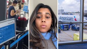 group of people getting off plane (l) woman shares airlines experience (c) American airlines plane (r)