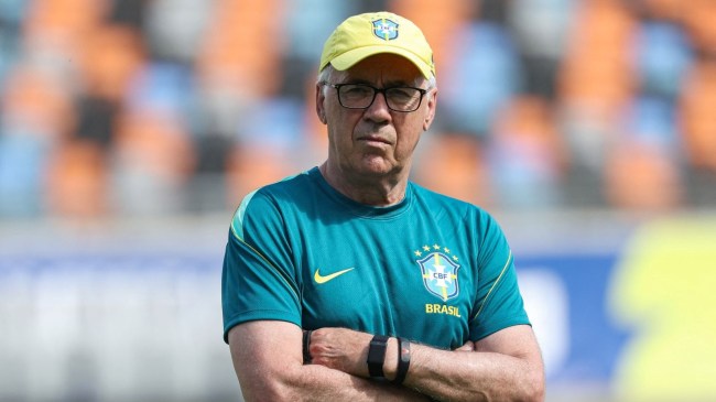 Brazil manager Carlo Ancelotti in training ahead of World Cup match against Japan