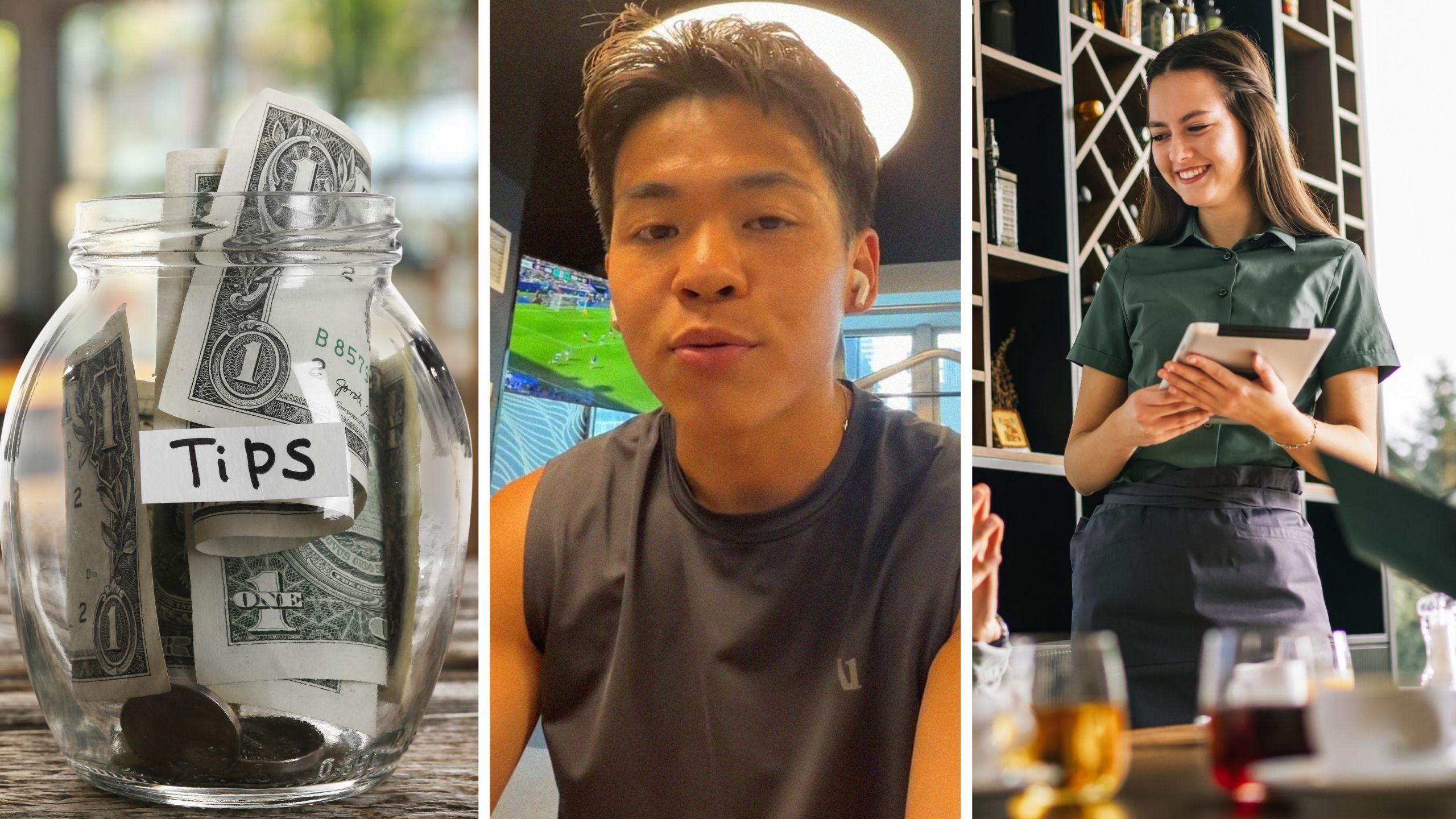 tipping jar (l) man shares restaurant experience (c) restaurant waitress (r)