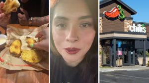 Garlic toast (l) woman shares chili's hack (c) Chili's entrance (r)