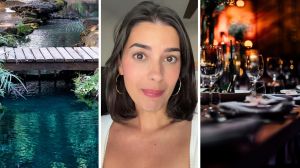 bridge over water inside restaurant (l) woman shares restaurant observation (c) Fancy restaurant (r)