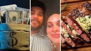 a bag of cash (l) couple share dining out issue (c) sliced steak (r)