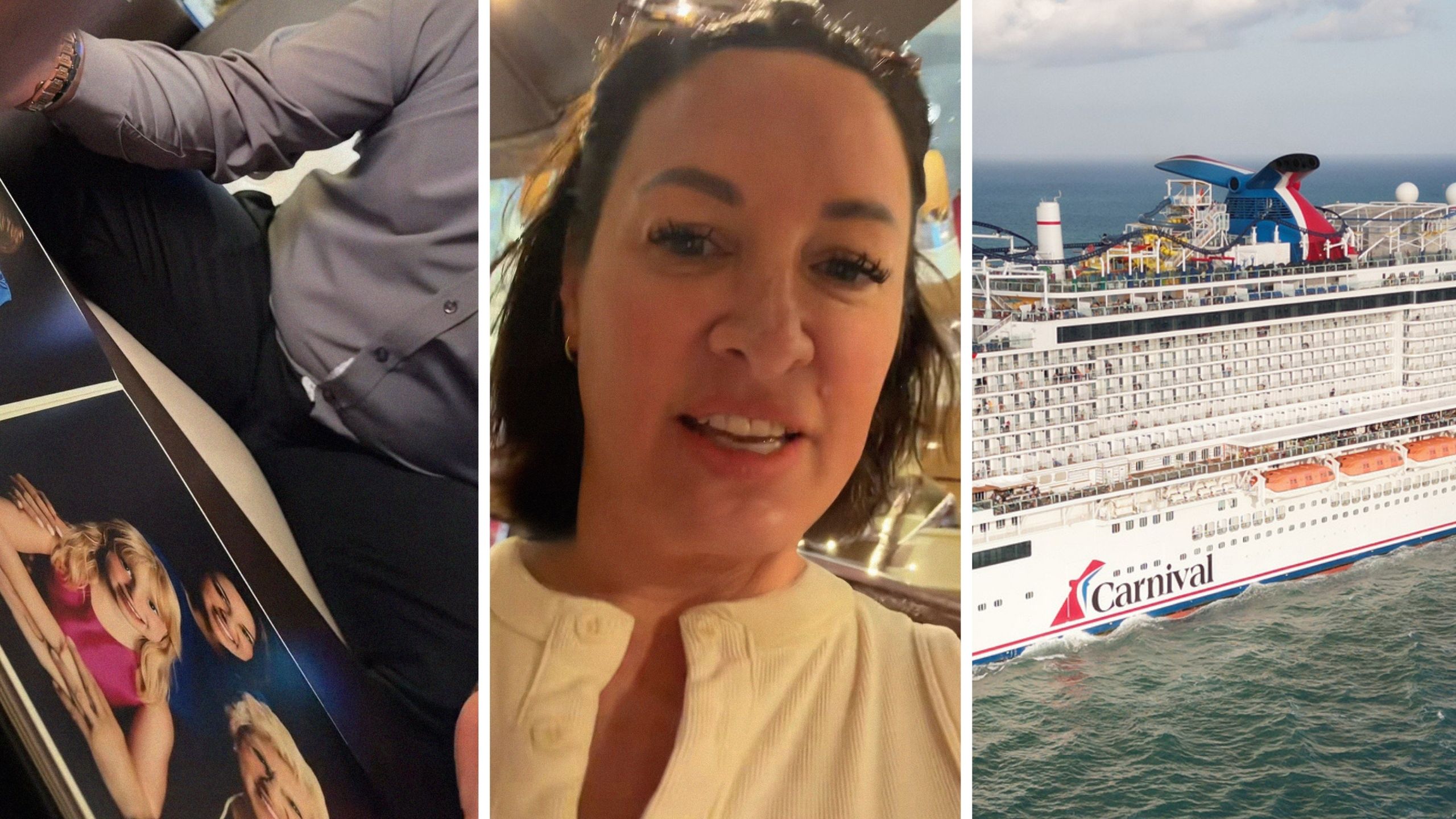 photo album (l) woman shares cruise photo shoot issue (c) Carnival cruise (r)
