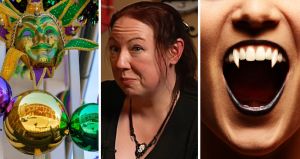 Mardi gras decorations (l) woman talks about vampire encounters (c) vampire teeth (r)