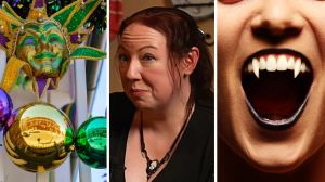 Mardi gras decorations (l) woman talks about vampire encounters (c) vampire teeth (r)