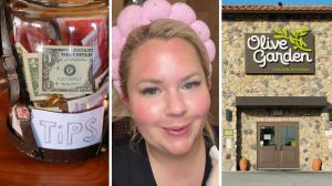 tip jar (l) woman shares restaurant server experience (c) olive garden entrance (r)