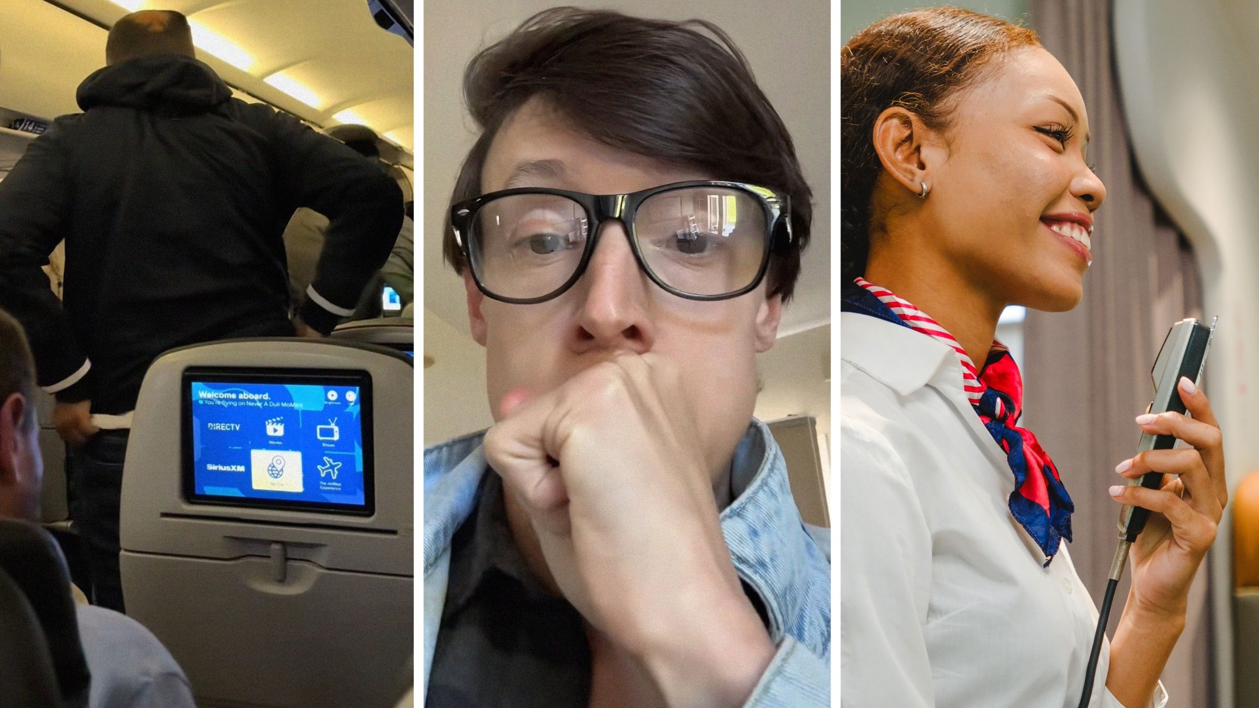 flight passengers standing up (l) man shares flight experience (c) Flight attendant makes an announcement (r)