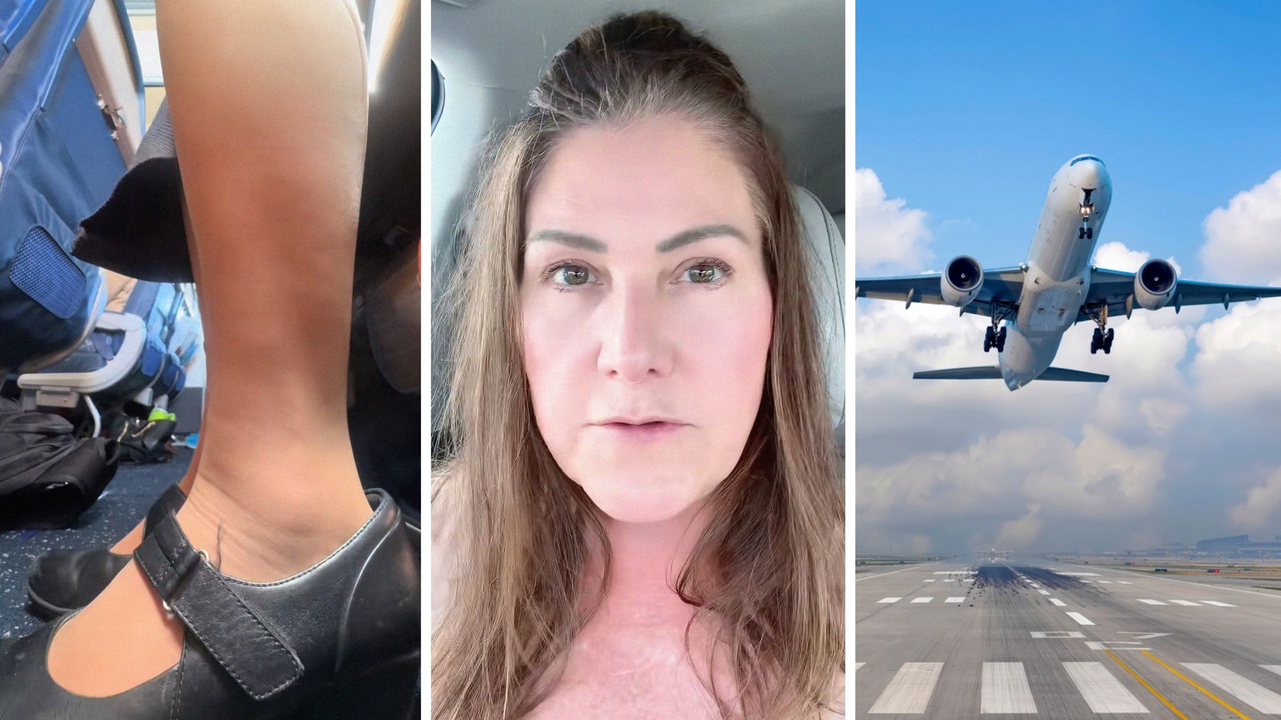 feet on the floor (l) Flight attendant shares the 1 ritual she always does (c) plane takes off (r)