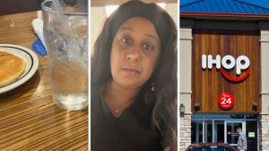 pancake and glass of water (l) woman shares Ihop concern (c) IHOP front entrance (r)