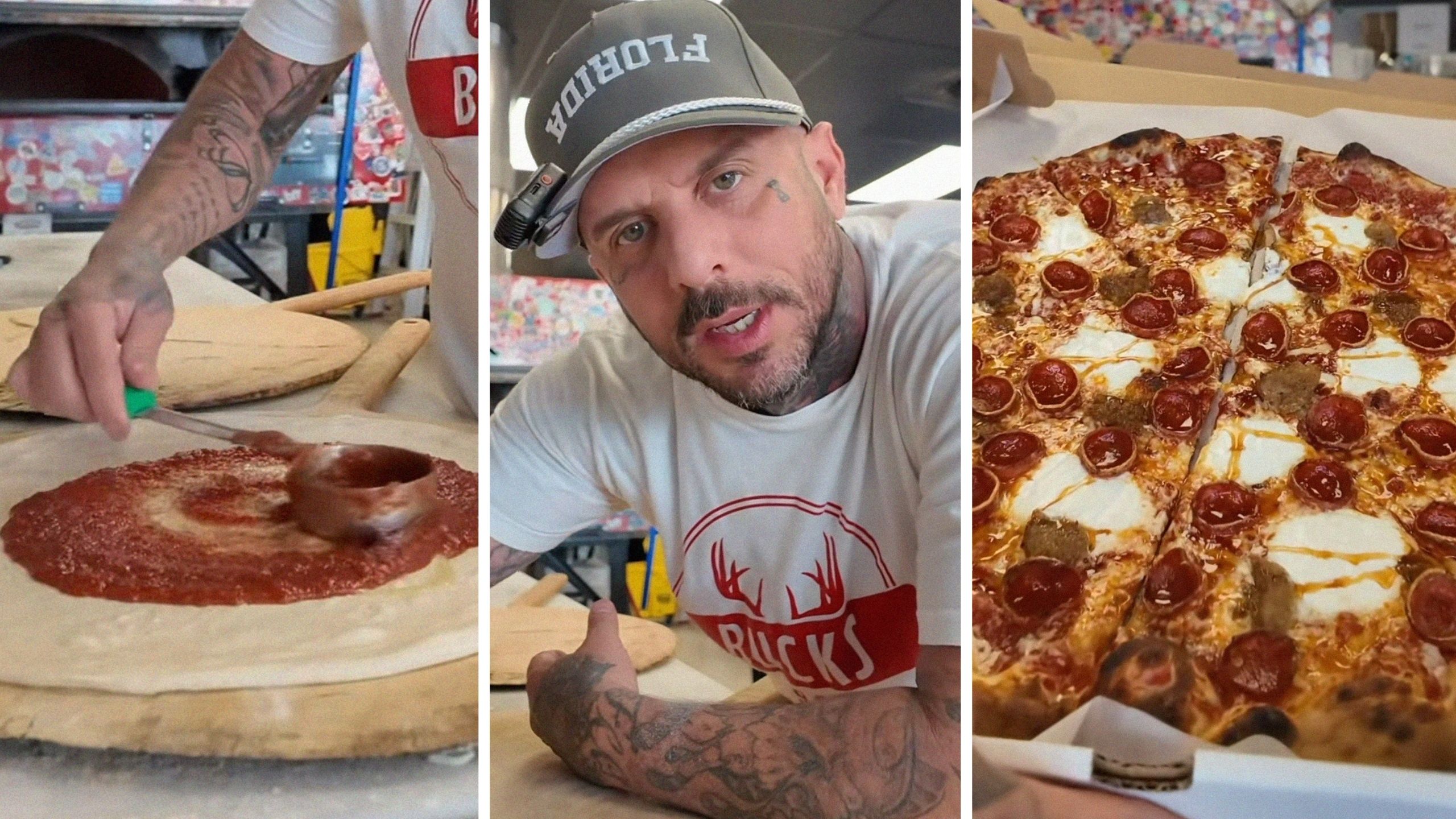spreading pizza sauce (l) pizza shop owner shares pizza process (c) hot melted pizza (r)