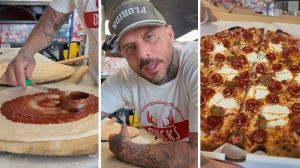 spreading pizza sauce (l) pizza shop owner shares pizza process (c) hot melted pizza (r)