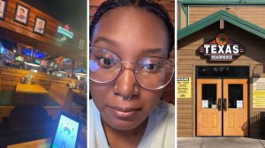 Texas roadhouse interior (l) woman shares restaurant decor concern (c) Texas roadhouse entrance (r)