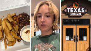 chicken plate (l) woman shares Texas roadhouse experience (c) Texas roadhouse entrance (r)