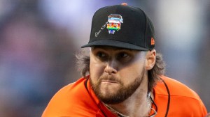 Giants-starting-pitcher-Landen-Roupp-wearing-Pride-Night-hat-with-Bible-verse