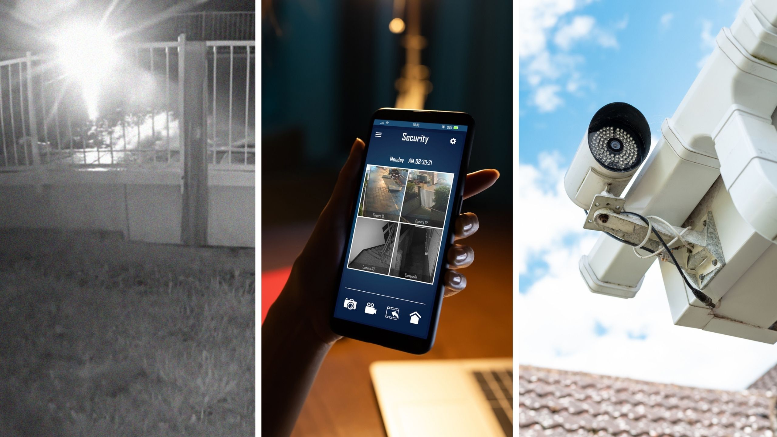 pool light on footage (l) homeowner looking at their security cameras (c) home security cameras (r)