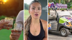 golfers having drinks (l) golf cart girl shares work experience (c) beverage cart (r)