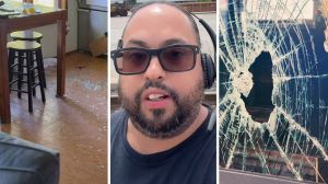 kitchen floor (l) man shares crazy house encounter (c) Broken window (r)