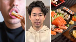 man eating sushi (l) Japanese man speaks about eating sushi the right way (c) Sushi meal (r)