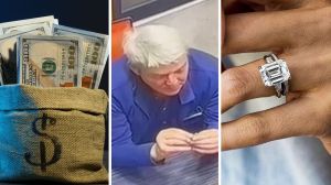 bag of money (l) Jeweler shows customer $40K ring (c) Diamond ring (r)