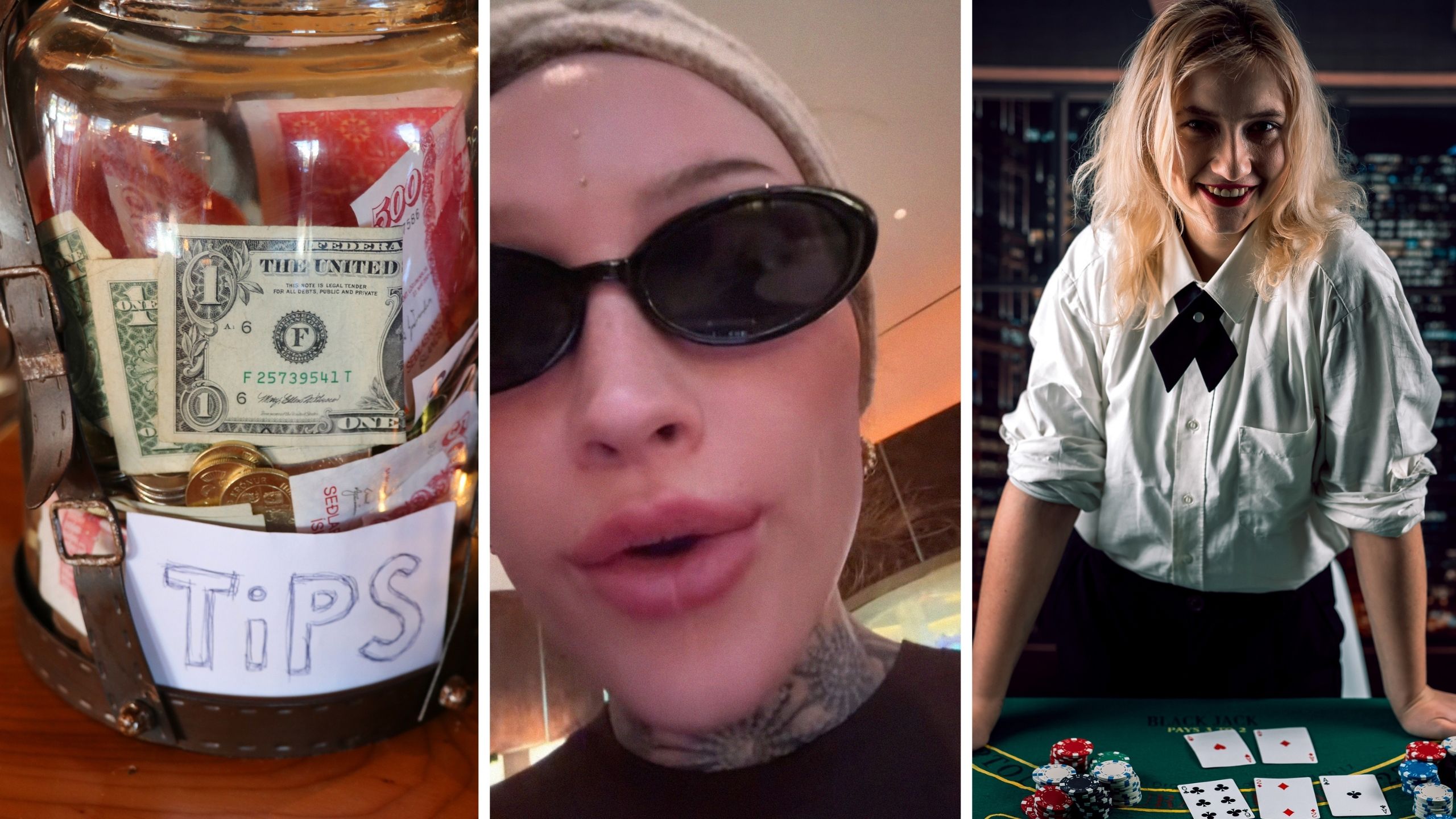 tipping jar (l) woman shares las vegas black jack table experience (c) black jack dealer (r)