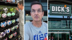 man looking at world cup ball (l) man shares big purchase of the day (c) Dick's storefront (r)