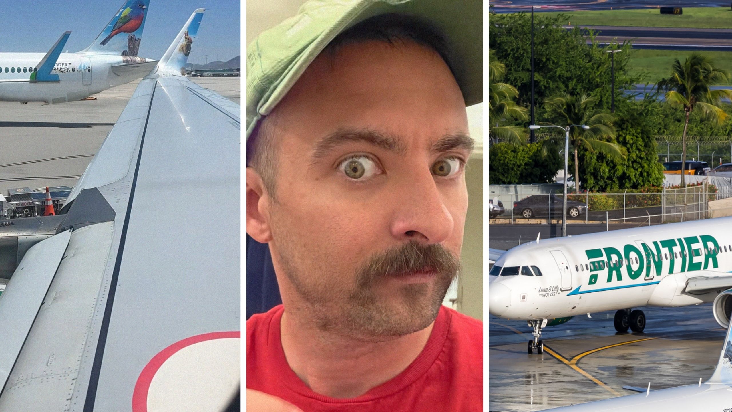 man looks out plane window (l) man shares flight observation after landing (c) Frontier aircraft (r)