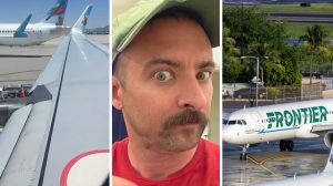 man looks out plane window (l) man shares flight observation after landing (c) Frontier aircraft (r)