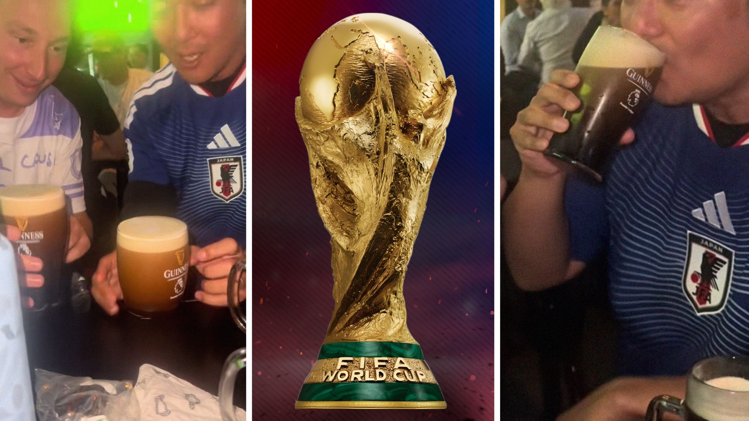 man teaching new friend how to split the G (l) FIFA world cup (c) man drinking Guinness (r)