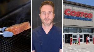 grilling salmon (l) Doctor comments on viral salmon video (c) Costco storefront (r)