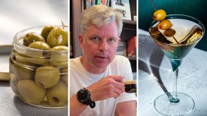 jar of olives (l) man shares olives superstition (c) glass of martini with olives (r)
