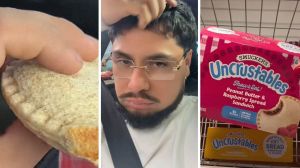 man holding his uncrustables (l) man shares uncrustables issue (c) Smuckers peanut butter and strawberry jam uncrustables (r)