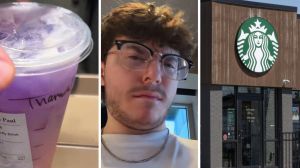 starbucks drink (l) man shares starbucks experience (c) Starbucks front entrance (r)