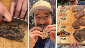 man cutting into steak (l) man taste testing steak (c) board with different ribeyes (r)