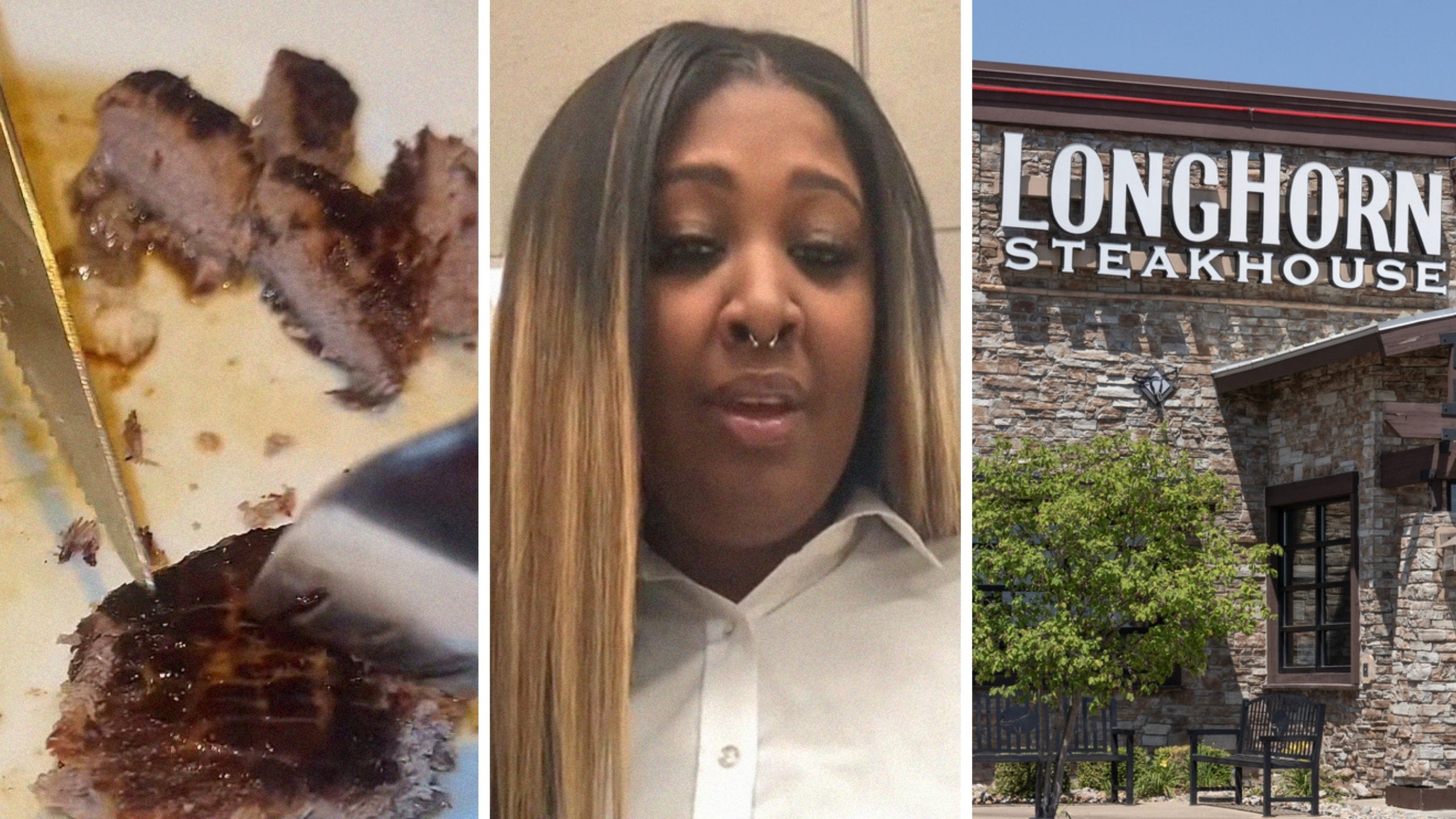 cutting into steak (l) woman shares longhorn steak house experience (c) Longhorn Steakhouse entrance (r)