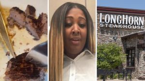 cutting into steak (l) woman shares longhorn steak house experience (c) Longhorn Steakhouse entrance (r)
