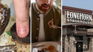 man measuring his steak (l) man bites into steak (c) Longhorn Steakhouse (r)