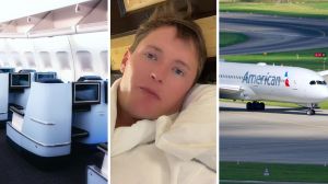 first class flight (l) man shares american airlines concern (c) American Airlines aircraft (r)