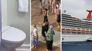 cruise toilet (l) cruise passengers gather outside (c) Carnival Triumph cruise (r)