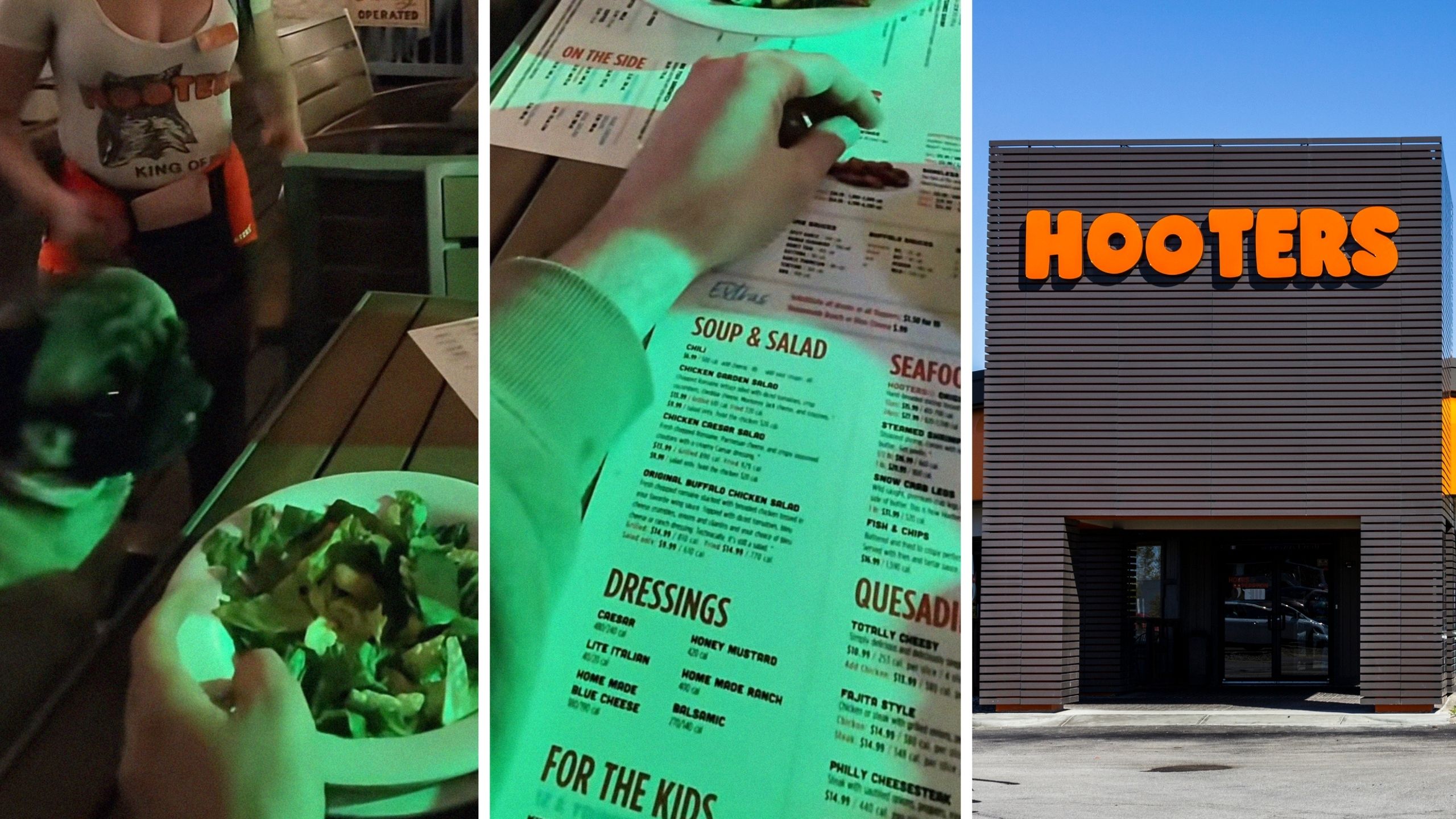 pug eating a salad (l) man goes to hooters with his dog (c) Hooters entrance (r)