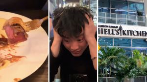 perfectly cooked steak (l) man reacts to Gordon Ramsay’s restaurant food (c) Gordon Ramsay’s Hell's kitchen entrance (r)