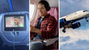 plane screen (l) man shares flight issue (c) delta air bus (r)