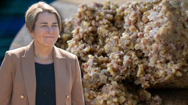 Massachusetts Governor Maura Healey next to haggis