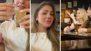 women taking shots (l) woman shares bar hack (c) women at bar (r)