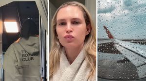woman speaking to pilot (l) woman shares flight experience (c) bad weather outside plane (r)