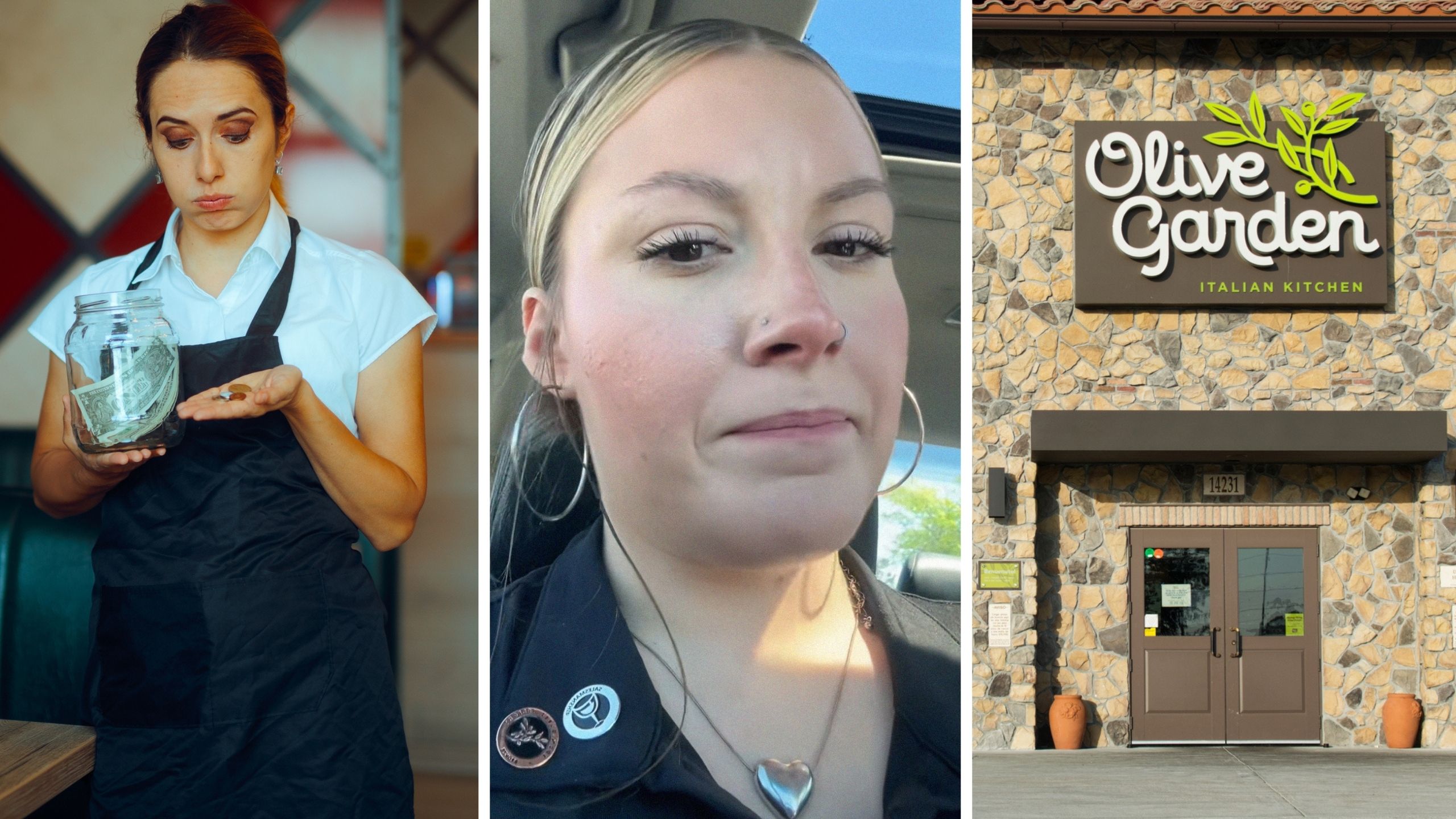 waitress holding tip jar (l) server shades restaurant tipping issue (c) Olive Garden entrance (r)