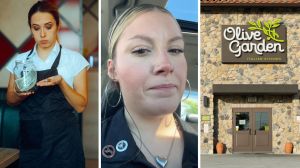 waitress holding tip jar (l) server shades restaurant tipping issue (c) Olive Garden entrance (r)