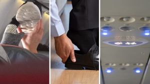 passenger lifts up his sneaker into vent (l) passenger removes his shoe (c) plane vents (r)