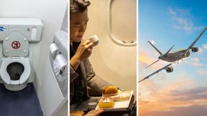 plane lavatory (l) man in flight with snacks (c) flight on the go (r)